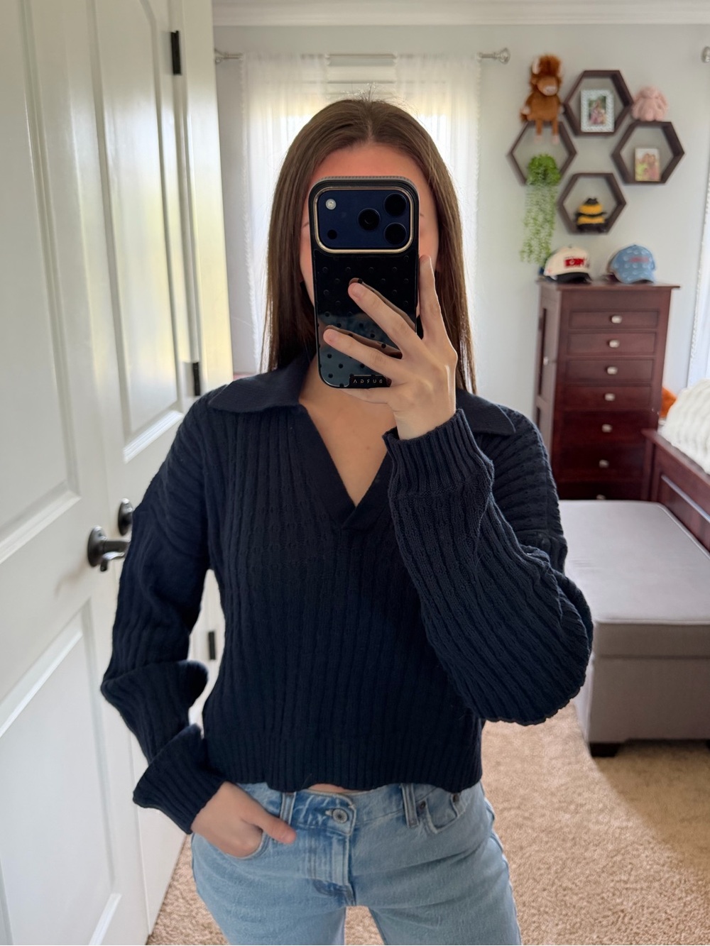 Hollister Navy V-Neck Collared Cropped Sweater